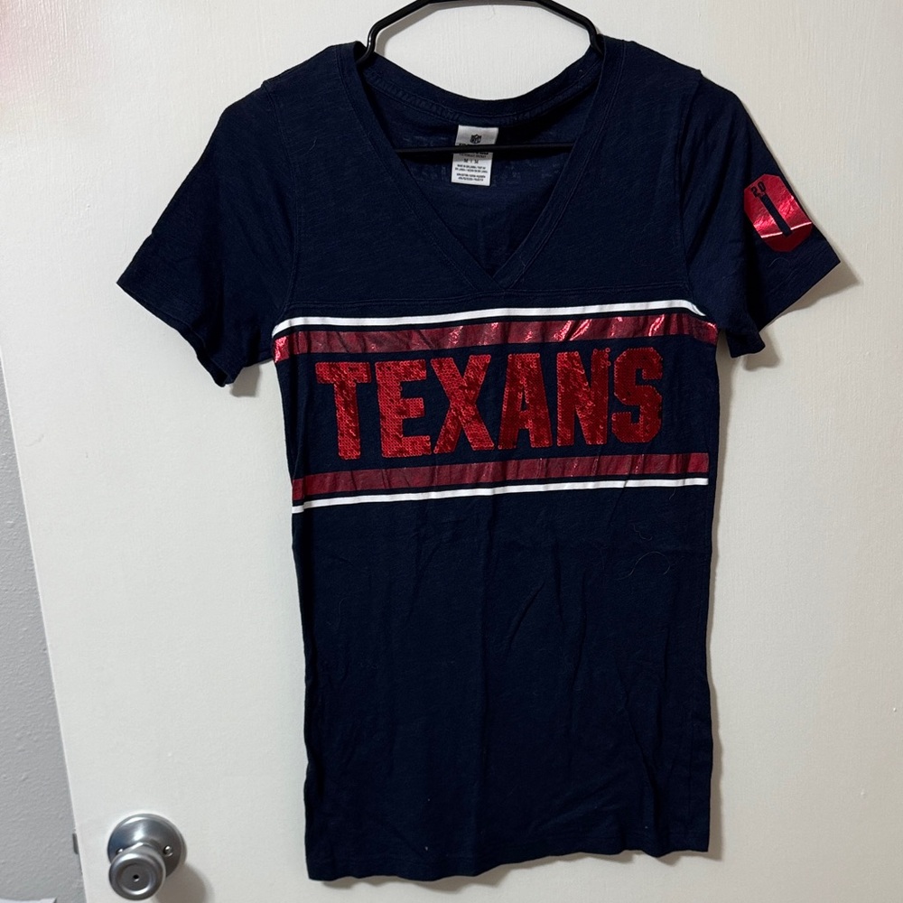 PINK Victoria's Secret Navy Texans V-Neck Tee with Red Metallic Logo